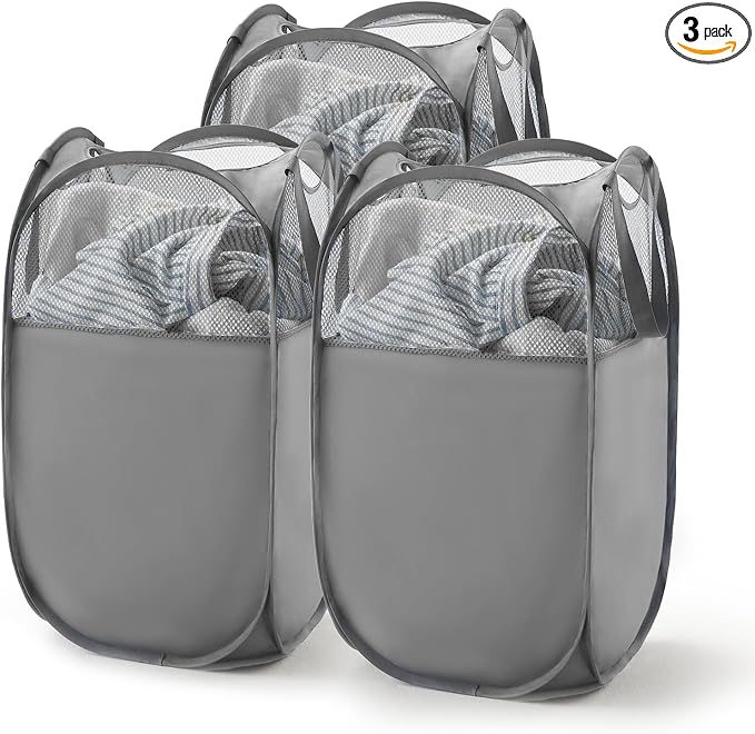 TECHMILLY Pop Up Foldable Laundry Basket, Mesh Laundry Hamper with Reinforced Handles for Dirty Clothes Storage in Dorm, Laundry Room, Bathroom, Grey(Fabric), 3 Pack