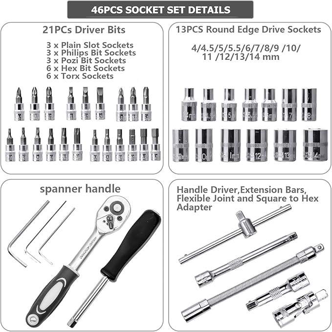 46PCS 1/4 inch Drive Socket Set,Metric Ratchet Wrench Set with 4-14mm CR-V Sockets,S2 Bits,Extension Bars,Mechanic Tool Kits for Household Auto Repair