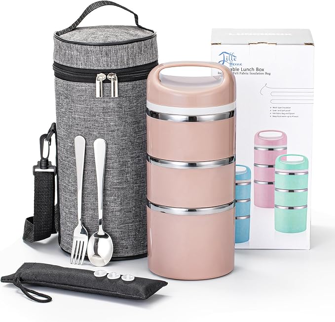 Lille Home Stackable Stainless Steel Thermal Compartment Lunch/Snack Box, 3-Tier Insulated Bento/Food Container with Lunch Bag, Utensils Set and Three Extra Seals, 43OZ (Gold with Utensils)