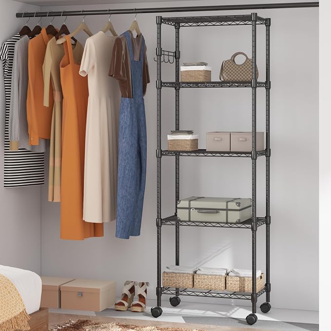 Homdox 5 Tier Wire Shelving Unit on Wheels, Adjustable Storage Racks and Shelving, Heavy Duty Rolling Metal Shelves with Side Hooks for Laundry Bathroom Kitchen Garage Pantry Organization, Black