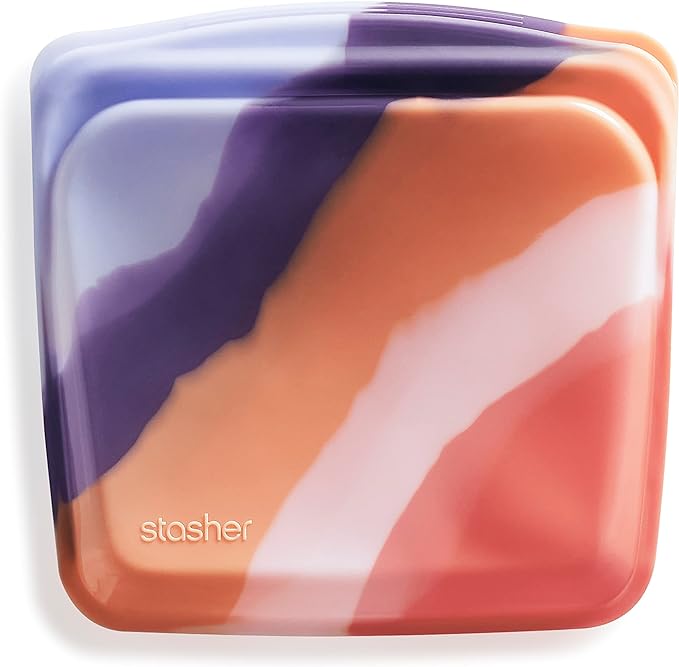 Stasher Silicone Reusable Storage Bag, Sandwich Bag, Reusable Freezer Bags, Microwave, Dishwasher, Oven Safe, Sous Vide, Lunch Container, Eco Friendly, Leak-free, Food Storage Bags, 28 oz, Purple Wave