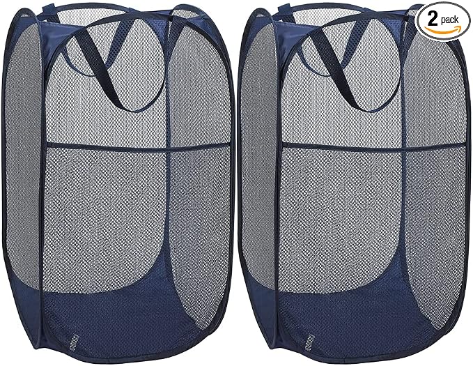 BATTOO Deluxe Strong Mesh Pop up Laundry Hamper Basket with Side Pocket Foldable Hamper for Laundry Room, Bathroom, Kids Room, College Dorm or Travel Navy + Navy