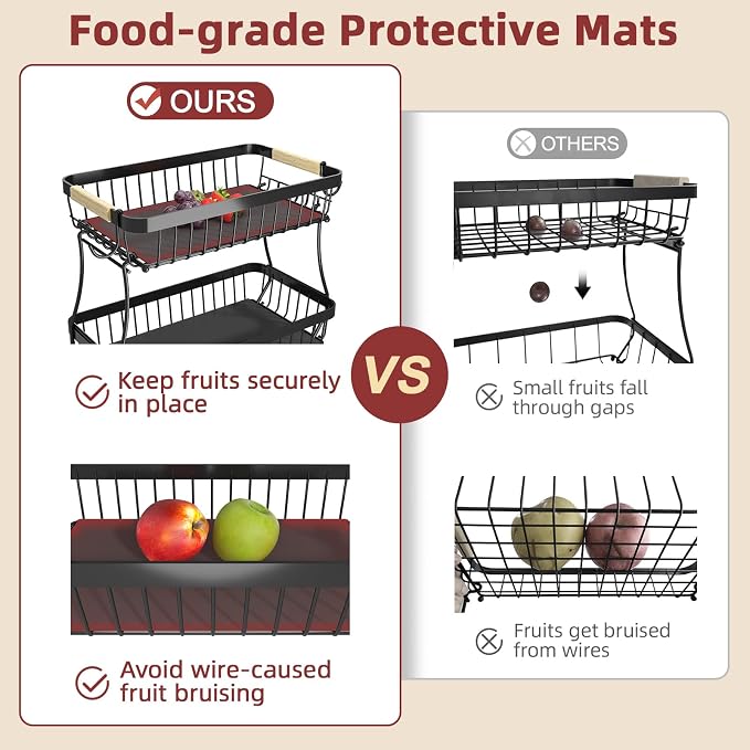 Sevenblue 2-Tier Fruit Basket with Banana Hangers, Detachable Metal Bowl | Wooden handle, protective mats included. Versatile holder for bread, snacks, and veggies. 2-Pack 2 tier metal design.