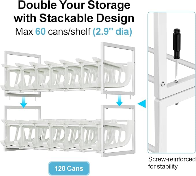 iSPECLE Pantry Can Organizer - Auto-Rolling, Expandable, Holds 120 Cans | White, Stackable For Walk-in Deep Pantry Shelve, Adjustable Width for Food Cans, Sturdy Metal Frame, Easy Access & Restocking