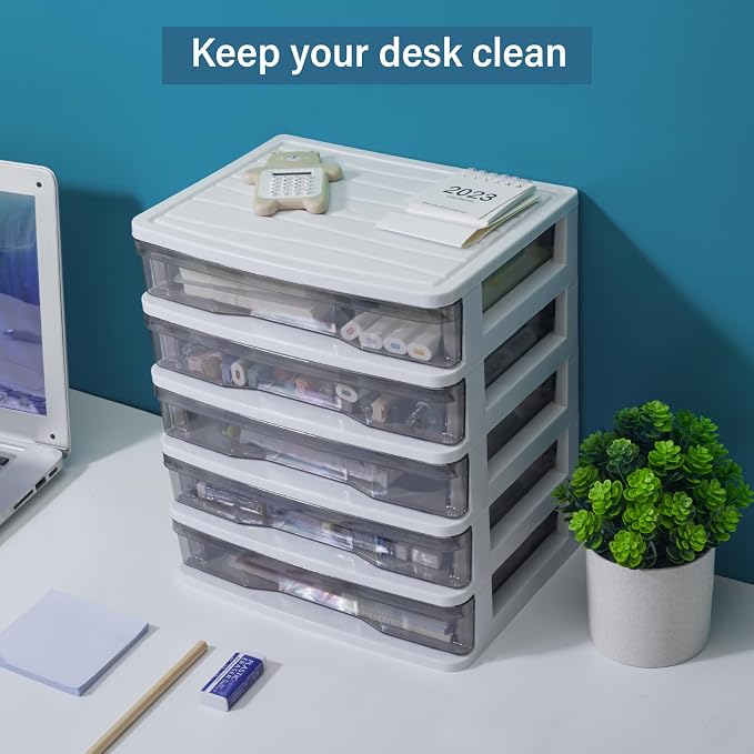 Charmewooden Plastic Drawers 5 Layer Desktop Storage, Small Organizer Box Storage Container Case, Desktop Organizer with Clear Drawers for Home, Office, Stationery, Jewelry and Cosmetics