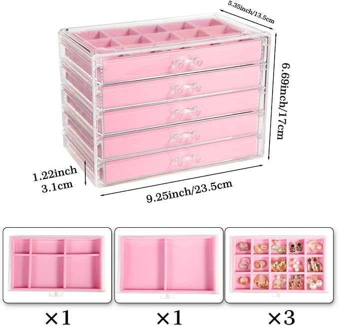 GUOER Earring Organizer, Acrylic Jewelry Box with 5 Drawers for Women, Pink | Clear Earring Holder Organizer Box, Stud Earring Ring Display Storage Case Large, Adjustable Velvet Trays Girls Gifts