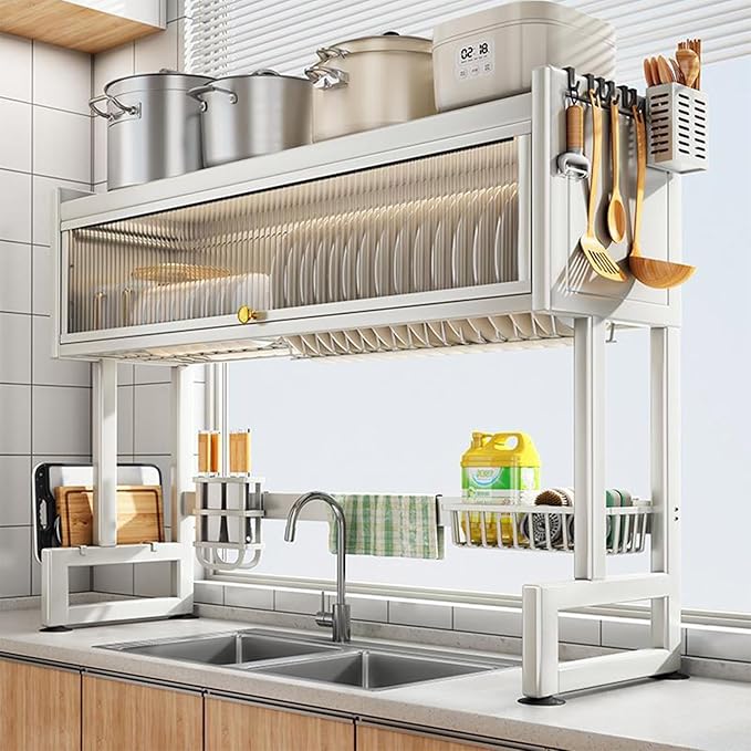 Hdrriozu Over the Sink 3 Tier Dish Drying Rack with Cover, Milkshake White | Rust resistant built last. Easy install simple tools. Holds dishes glasses bowls. Space saving over sink tidy kitchen.
