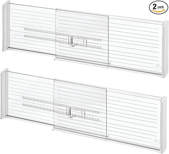 iDesign Plastic Adjustable Drawer Dividers, Clear, Set of 2 | Kitchen, Dresser, Desk Drawers