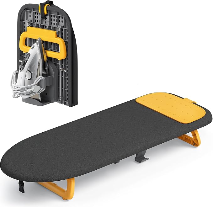 KINGBOARD Small Ironing Board with Iron Holder,12x32 Black & Orange | Tabletop Ironing Board with Heat Resistant Cover, Foldable Mini Iron Board with Non-Slip Feet, Easy Storage for Travel & Dorm