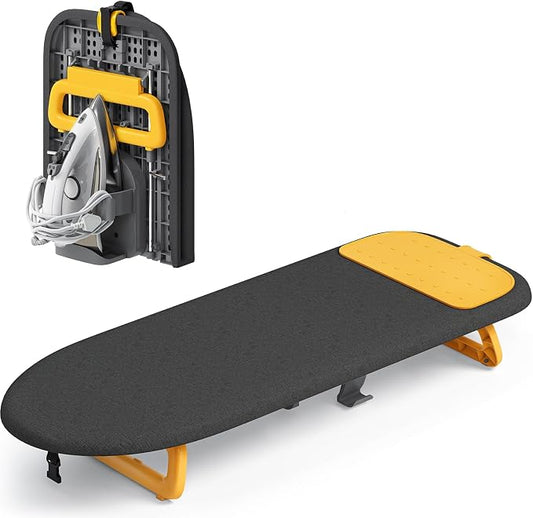 KINGBOARD Small Ironing Board with Iron Holder,12x32 Black & Orange | Tabletop Ironing Board with Heat Resistant Cover, Foldable Mini Iron Board with Non-Slip Feet, Easy Storage for Travel & Dorm