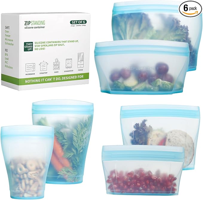 Zip Standing Reusable food container, silicone bag, 6 Pcs Zip Containers Can be used for fruit and vegetable snacks, etc. Microwave Dishwasher and Freezer Usable (blue)…