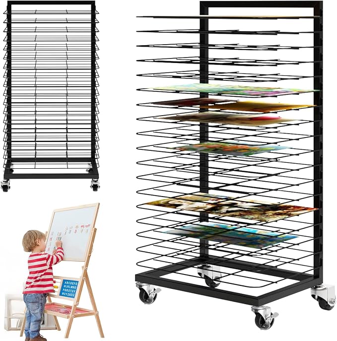 Art Drying Rack with 18 Removable Shelves,Art Drying Rack for Classroom with Locking Wheels,Art Canvas Storage Rack for Classrooms & Art Studios, Black