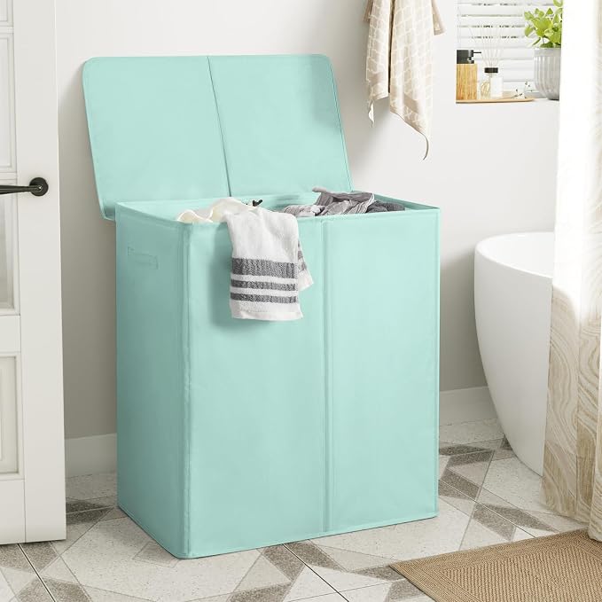 WOWLIVE 154L Double Laundry Hamper 2 Section with Lid and Removable Bags | Divided Laundry Basket, Large Dirty Clothes Hamper with Handle, Collapsible Laundry Storage for Dorm, College, Mint Green