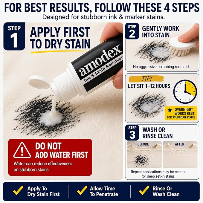 Amodex Ink & Stain Remover for Clothes, Leather and Skin - Removes Ink, Ballpoint, Sharpie, Grease and More, Works on Set-in Stains, Gentle but Powerful, 4oz/120ml Bottle (Pack of 2)
