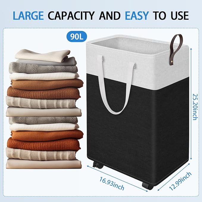 HomeHacks 90L Rolling Laundry Basket with 4 Wheels Collapsible Black | 4 Wheels, Waterproof PEVA Lining, Cotton Flax Fabric, Metal Frame, Bathroom Laundry Room Dorm Storage, Space-Saving Design
