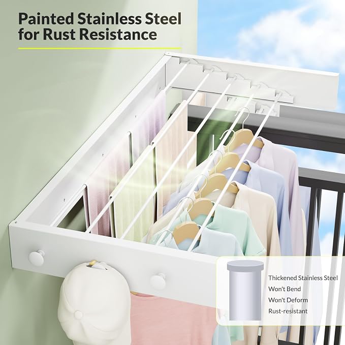 Collapsible Laundry Drying Rack Wall Mounted - 31.5 Inch Metal Clothing Drying Rack with 6 Hooks, Retractable Foldable Dry Racks for Laundry Drying Indoor, Heavy Duty Towel & Coat Hanger
