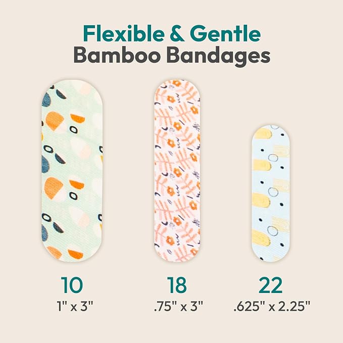 FEBU Shape Scapes Print Bamboo Fabric Bandages, 50 Count Strips | PFAS Free, Flexible Fabric, Natural Hypoallergenic for Scraps, Cuts and First Aid, Compostable, Latex Free