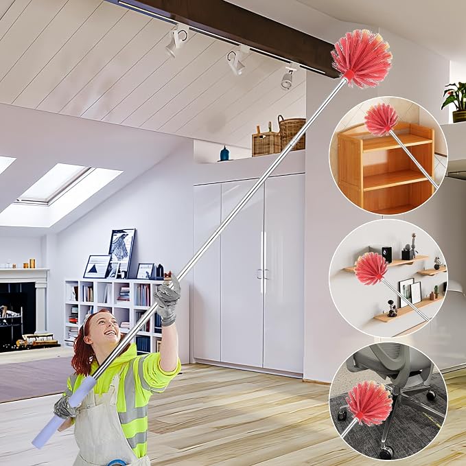 Cobweb Duster with Extension Pole, 59" Adjustable Spider Web Brush | Washable Duster with Medium-Stiff Bristles for Ceiling Fan, High Ceilings, Blinds, Furniture, Kitchen, and Home Cleaning