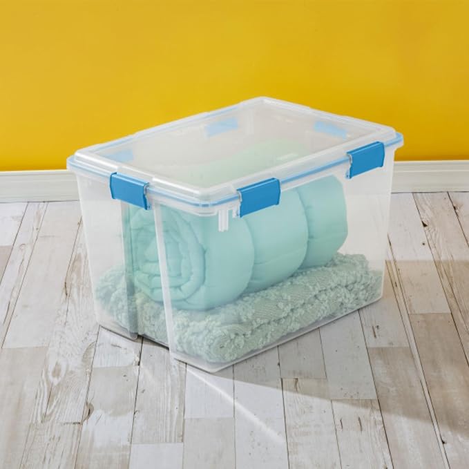 Sterilite Gasket Storage Box with Lids for Home & Office, 80 Quart, 16-Pack | Heavy-Duty, Stackable, and Organizing Containers for Bathroom, Cabinet, Closet, and Garage, Clear and Blue Aquarium Latches