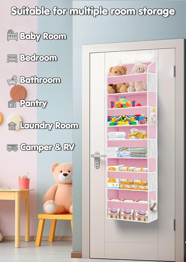 TAHAVICE Over the Door Organizer with Clear PVC Windows & 10 Mesh Pockets | 5-Tier Hanging Storage, Cute Closet Organizer for Makeup, Perfume, Toys, Perfect Pink Room Decor for Girl