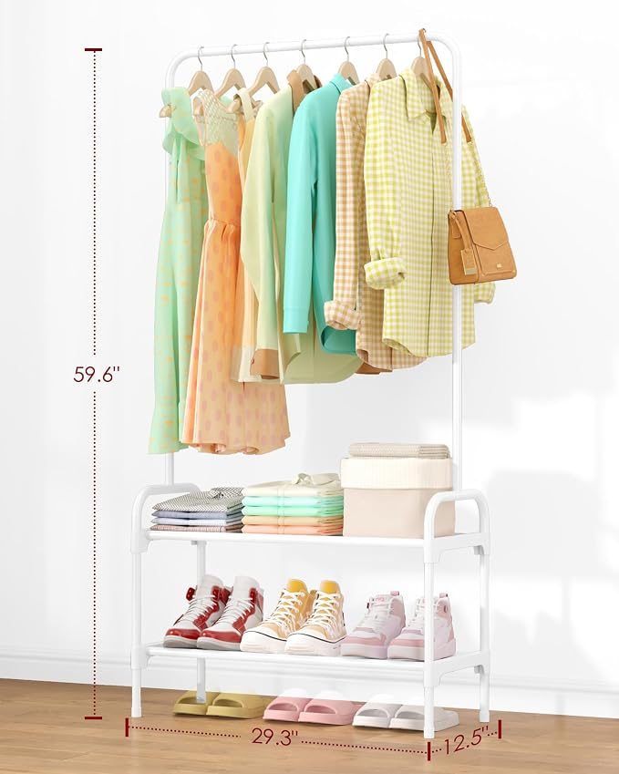 Sakugi Clothes Rack - 29.3" × 12.5" × 59.6" Clothing Rack and Shoe Rack with Anti-Slip Stopper, Large Capacity Rack with 2-Tier Shoe Organizer, Clothes Organizer for Bedroom, Entrance, Laundry, White