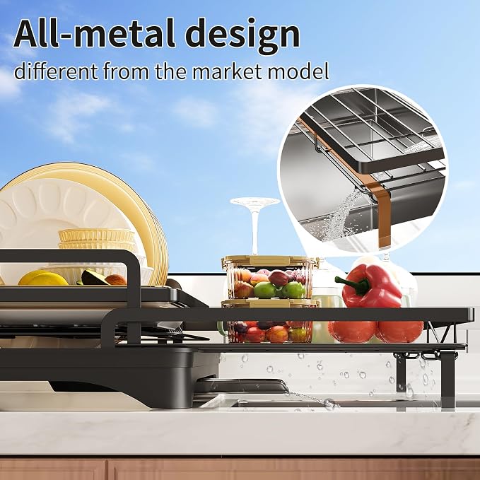 PureBox Extendable Dish Rack for Kitchen Sink - Heavy-Duty Adjustable Over Sink Drying Rack with Utensil Holder & Drain Tray, Space Saving Steel Frame Dish Rack (Black)