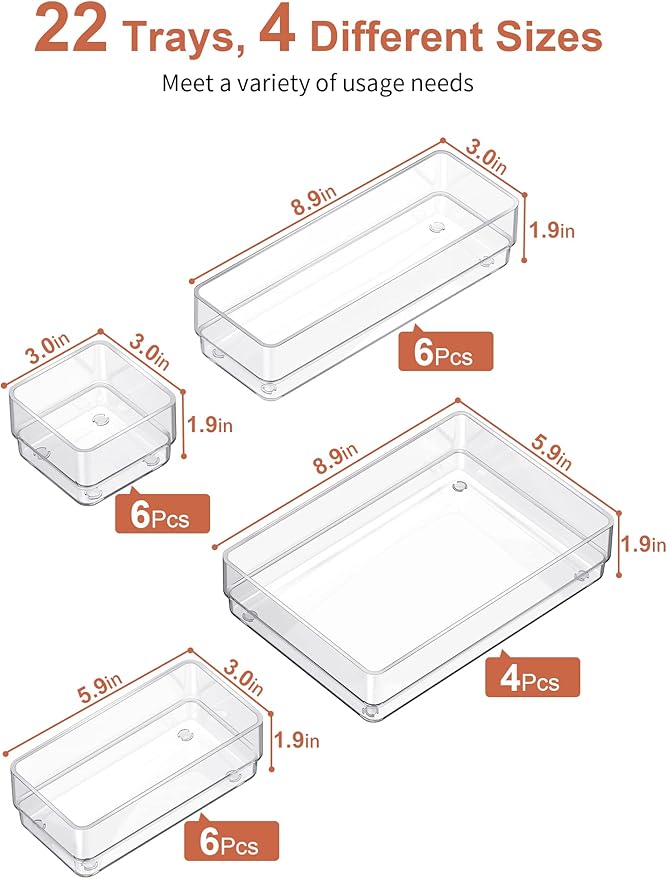SMARTAKE 22-Piece Drawer Organizer with Non-Slip Silicone Pads, 4-Size Clear Desk Drawer Organizer Trays Storage Tray for Makeup, Jewelries, Utensils in Bedroom Dresser, Office and Kitchen, Clear