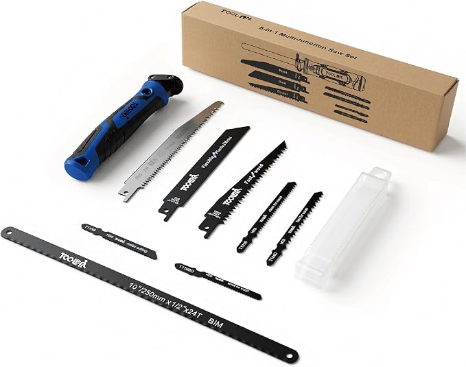 8-In-1 Multi Blades Hand Saw, Drywall, Hacksaw, Jab Saw & Wood Cutter Tool | Blade Quick Change Mechanism, For Cutting Drywall, Wood, Metel, Plastic, Plywood. Lightweight manual saw. Blue Handle