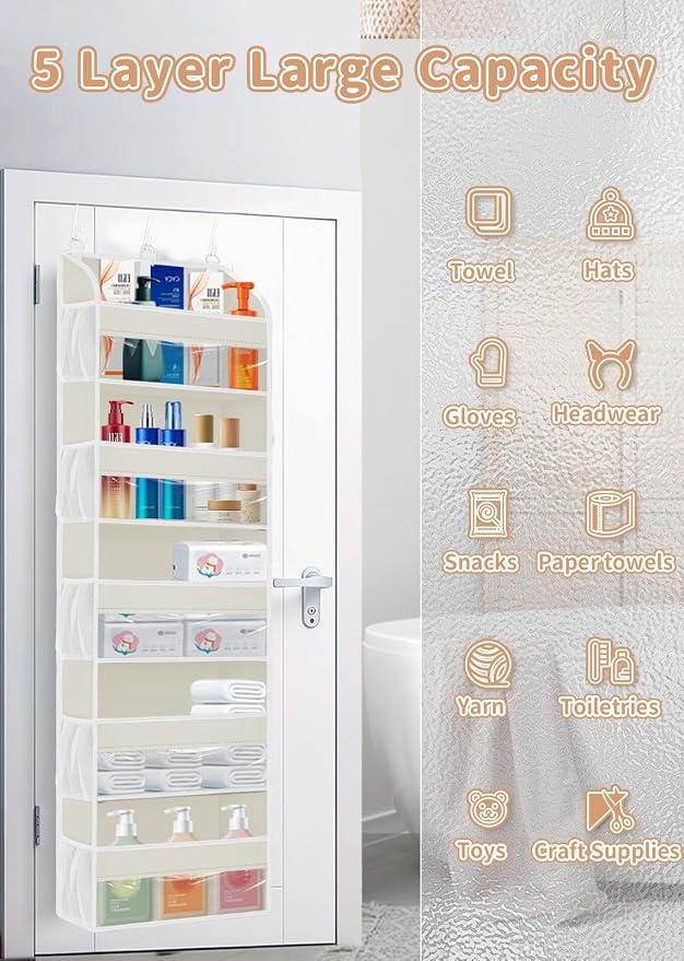 TAHAVICE 2 Pack Over the Door Storage Organizer with 5 Large Pockets | 44 lbs Weight Capacity & 10 Mesh Pockets Door Hanging Organizers and Storage for Bedroom,Bathroom,Nursery,Babyroom(Beige)
