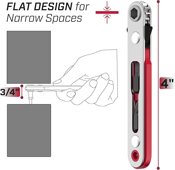 Bates Mini Ratchet Wrench, 1/4" Magnetic 90 Degree Screwdriver, Low Profile Right Angle Screwdriver for Tight Spaces