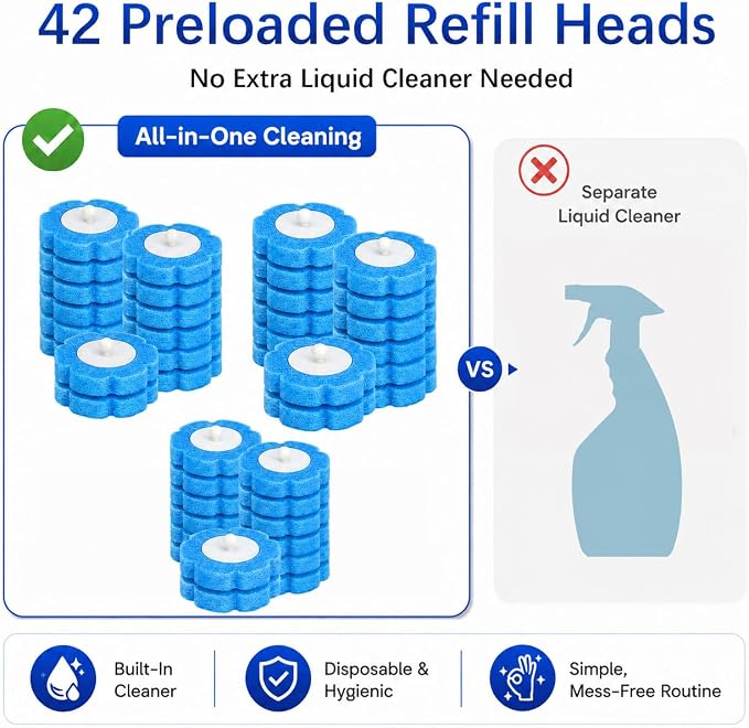 Disposable Toilet Brush with 42 Blue Refills, Toilet Bowl Cleaner Brush with Holder, Wall Mounted Toilet Wand Kit, Deep Cleaning Disposable Scrub Brush Heads