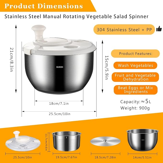 Large Salad Spinner Stainless Steel – 6L Metal Salad Spinner with PP Cover, Perfect for Dehydrating Lettuce, Vegetables, Fruits, Pasta, and Homemade French Fries