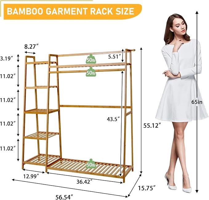 Baveke Bamboo Clothing Garment Rack Frame Made of FSC-Certified Bamboo, 7 Tier Storage Shelf Coat Clothes Hanging Rack, Portable Wardrobe Closet Organizer, Shoe Storage Shelves for Bedroom, Natural