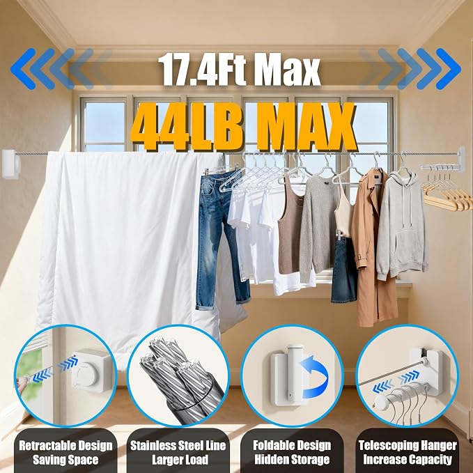 Retractable Clothesline Indoor Outdoor 17.4Ft Non-Sag Drying Rack(1, White) | Stainless Steel Heavy Duty Laundry Washing Line with Wall Mounted, Space-Saving Clothing Drying Rack with Telescoping Hanger