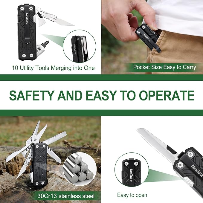 NexTool Pocket Tool E1, EDC Folding Pocket Knife Multitool | 10-in-1 Mini Multitool, Replaceable Exactor Blade, Scissors, Dual-head Screwdriver, EDC Tools for Engraving, Cutting, Repair