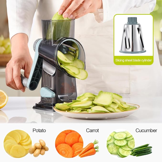 Rotary Cheese Grater Shredder 3-in-1 Hand Crank Suction Base | Stainless steel blades for fine, medium & coarse grating | Perfect for cheese, vegetables & nuts | Finger-safe design