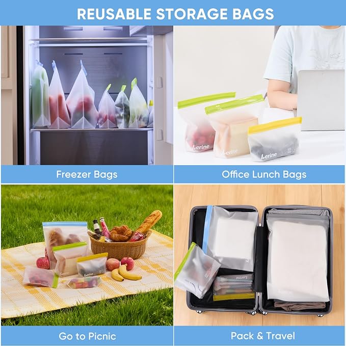 Lerine 16 Pack Stand-Up Reusable Snack Bags, Dishwasher Safe Leakproof Reusable Freezer Bags, BPA Free Food Storage Bags for Snacks, Meal Prep, Home Organization (Multicolor, 16Snack)