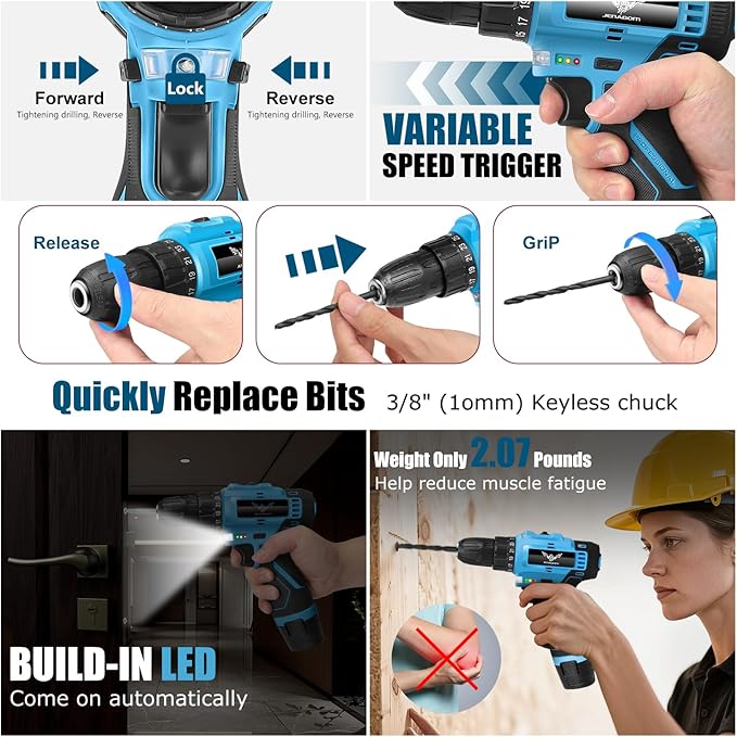 JENABOM Tool Set - 12V Cordless Drill Kit, 146 Piece Home Tool Set With Power Drill, Tool Kits for Men & Women, Perfect for Homeowner, Diyer, Handyman