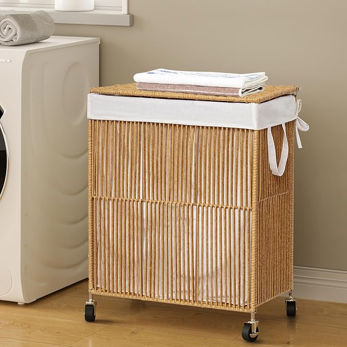 WOWLIVE Rolling Laundry Basket Wheels, Handwoven Laundry Hamper with Lid | Double Clothes Hamper with Divided Removable Bag, 115L Large Laundry Sorter 2 Section, Laundry Room Organization, Natural