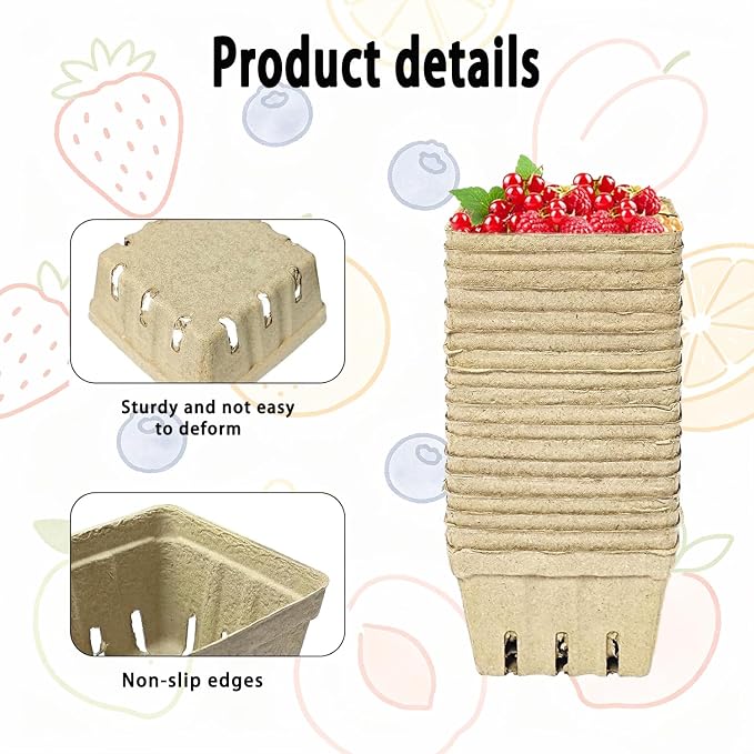 60 Pack Natural Pulp Fiber Berry Baskets, Small Molded Vented Fruit Containers for Strawberry Blueberry Raspberry, Eco-Friendly Produce Trays for Farmers Market, Kitchen Storage & Grocery