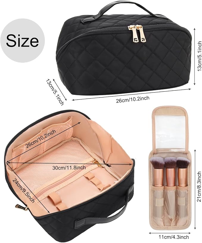 Relavel Travel Makeup Bag for Women, Large Wide-open Cosmetic Organizer | Waterproof, Portable, Separate Makeup Brush Board, Wide Open Flat