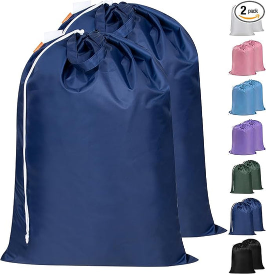 2 Pack Extra Heavy-Duty Laundry Bag with Handles, Navy, 28x36" | Extra Large, Machine Washable, Reinforced Handles, Drawstring Closure, Name ID Tag, For College Dorm Travel