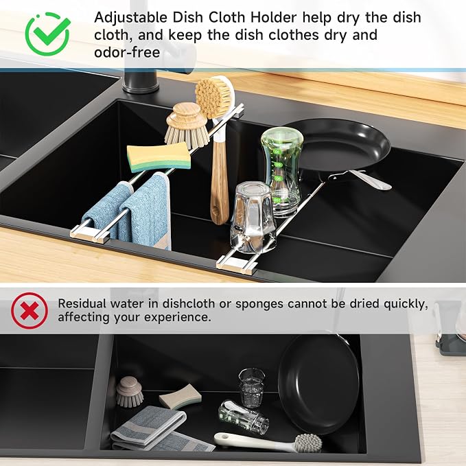 Dish Cloth Holder for Kitchen Sink, Adjustable Over-The-Sink Dish Rag Rack, Metal Kitchen Racks Sink Brush Holder, Drying Rack for Dishcloths, Sponges, Brushes, and Bottles (2, Sliver)