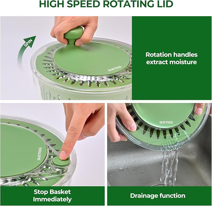 SUSTEAS Salad Spinner with Slicer and Stainless Steel Salad Spinner with Slicer, 4.2QT