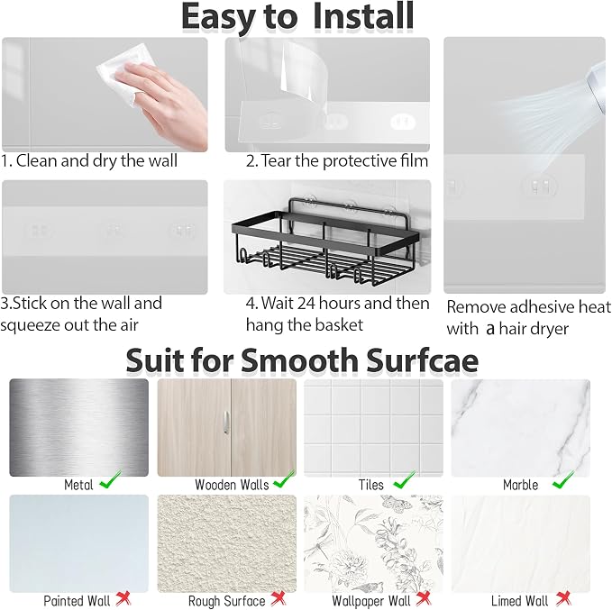Liuoud Shower Caddy 5 Pack XL-Size Adhesive Stainless Steel Organizer | XL Capacity, With Strong Adhesive, Rustproof, No Drilling Wall Mount Shelvs For Daily Bathroom Organization Decor Set, Black