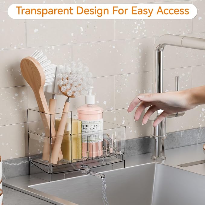 Yieach Clear Kitchen Sponge Holder for Sink,Acrylic Sponge Caddy for Kitchen Sink with Brush Holder,Rustproof Kitchen Sink Organizer for Sponge, Soap Dispenser Storage Accessories and Self Drain Tray