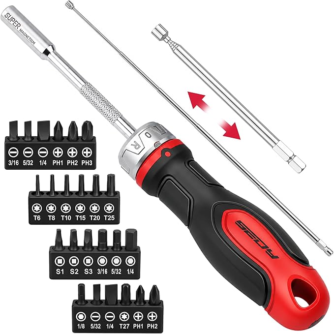 26-Piece Ratcheting Screwdriver Bit Set with 1/4" Magnetic Ratchet Driver, S2 Steel Bits, Telescopic Magnetic Extension Rod, Torx Phillips Slotted & Hex Bits Kit for Home Repair, Garage and DIY