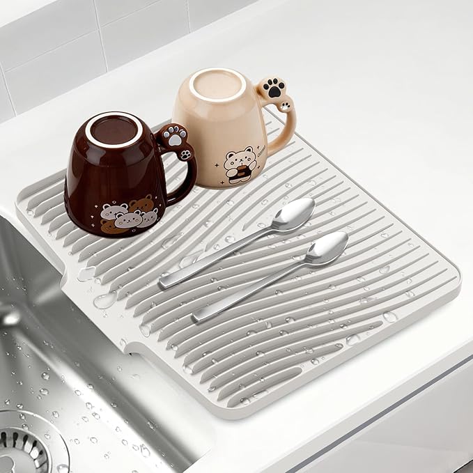 Silicone Dish Drying Mat for Kitchen counter, 19.7"x17" Extra Large Non-Slip Drain Pad with Built-in Drainage, Heat Resistant Dishwasher Safe, Cream