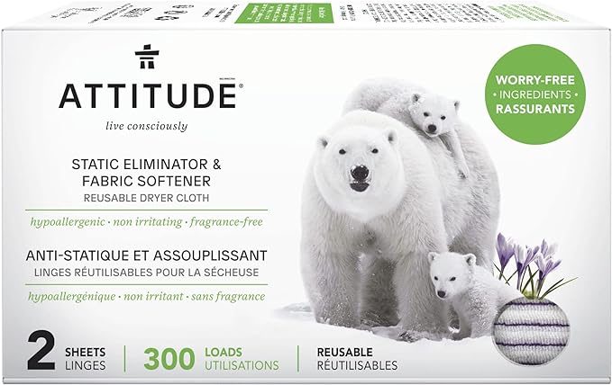 ATTITUDE Reusable Dryer Sheets, Static Eliminator & Fabric Softener, Fragrance-Free Laundry, Made in Canada, 300 Loads, 2 Sheets (1 Pack)