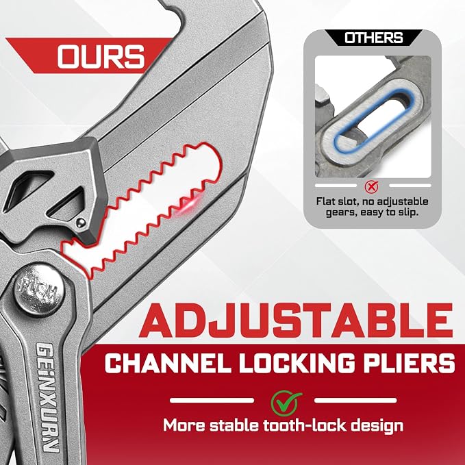 7-Inch Pliers Wrench, 2PCS Smooth V-Jaw Pliers with 15-Position Push-Lock, Fast Adjustable Slip Joint Pliers Set for Plumbing, Home Repair, and Pipe Fittings